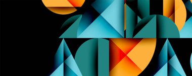 Katmanlı gradyan şekilli soyut geometrik arkaplan dinamik desenler oluşturuyor. Üst üste binen yarı daireler ve üçgenler derinlik ve karşıtlık yaratır