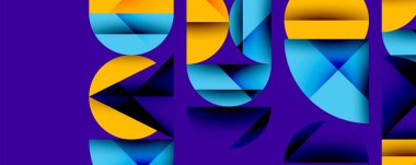 Çemberler ve üçgenlerin kesiştiği soyut geometrik desen. Yüksek kontrastlı kompozisyon derinlik yaratır ve dinamik, modern estetik