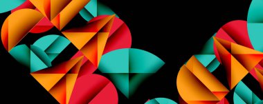 Katmanlı gradyan şekilli soyut geometrik arkaplan dinamik desenler oluşturuyor. Üst üste binen yarı daireler ve üçgenler derinlik ve karşıtlık yaratır