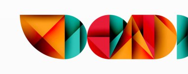 Katmanlı gradyan şekilli soyut geometrik arkaplan dinamik desenler oluşturuyor. Üst üste binen yarı daireler ve üçgenler derinlik ve karşıtlık yaratır