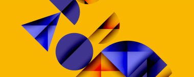 Katmanlı gradyan şekilli soyut geometrik arkaplan dinamik desenler oluşturuyor. Üst üste binen yarı daireler ve üçgenler derinlik ve karşıtlık yaratır