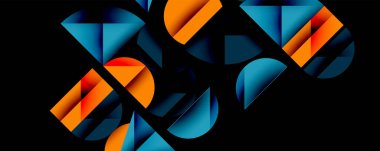 Katmanlı gradyan şekilli soyut geometrik arkaplan dinamik desenler oluşturuyor. Üst üste binen yarı daireler ve üçgenler derinlik ve karşıtlık yaratır