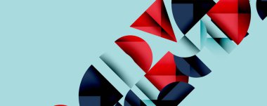 Katmanlı gradyan şekilli soyut geometrik arkaplan dinamik desenler oluşturuyor. Üst üste binen yarı daireler ve üçgenler derinlik ve karşıtlık yaratır