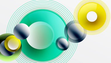 Üst üste binen dairelerin, düzgün eğimli ve şeffaflık efektli soyut bileşimi. Temiz ve modern tasarım derinliği, simetriyi ve asgari estetiği vurguluyor
