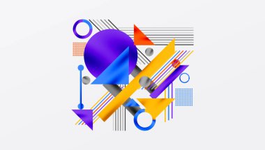 Kalın Şekiller ve Karşıt Renklerle Geometrik Soyut Arkaplan. Çemberler, üçgenler, kareler ve çizgiler gölge etkisiyle