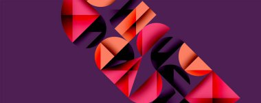 Katmanlı gradyan şekilli soyut geometrik arkaplan dinamik desenler oluşturuyor. Üst üste binen yarı daireler ve üçgenler derinlik ve karşıtlık yaratır