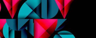 Katmanlı gradyan şekilli soyut geometrik arkaplan dinamik desenler oluşturuyor. Üst üste binen yarı daireler ve üçgenler derinlik ve karşıtlık yaratır