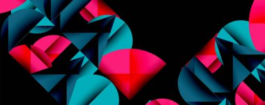 Katmanlı gradyan şekilli soyut geometrik arkaplan dinamik desenler oluşturuyor. Üst üste binen yarı daireler ve üçgenler derinlik ve karşıtlık yaratır