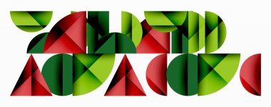 Katmanlı gradyan şekilli soyut geometrik arkaplan dinamik desenler oluşturuyor. Üst üste binen yarı daireler ve üçgenler derinlik ve karşıtlık yaratır