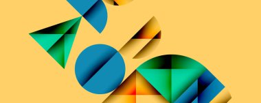 Katmanlı gradyan şekilli soyut geometrik arkaplan dinamik desenler oluşturuyor. Üst üste binen yarı daireler ve üçgenler derinlik ve karşıtlık yaratır