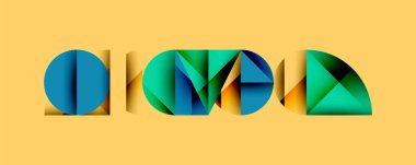 Katmanlı gradyan şekilli soyut geometrik arkaplan dinamik desenler oluşturuyor. Üst üste binen yarı daireler ve üçgenler derinlik ve karşıtlık yaratır