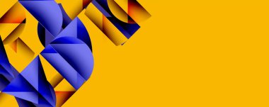 Katmanlı gradyan şekilli soyut geometrik arkaplan dinamik desenler oluşturuyor. Üst üste binen yarı daireler ve üçgenler derinlik ve karşıtlık yaratır