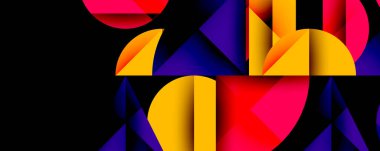 Katmanlı gradyan şekilli soyut geometrik arkaplan dinamik desenler oluşturuyor. Üst üste binen yarı daireler ve üçgenler derinlik ve karşıtlık yaratır