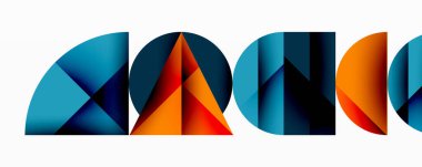 Katmanlı gradyan şekilli soyut geometrik arkaplan dinamik desenler oluşturuyor. Üst üste binen yarı daireler ve üçgenler derinlik ve karşıtlık yaratır