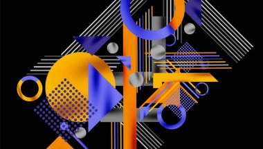 Kalın Şekiller ve Karşıt Renklerle Geometrik Soyut Arkaplan. Çemberler, üçgenler, kareler ve çizgiler gölge etkisiyle