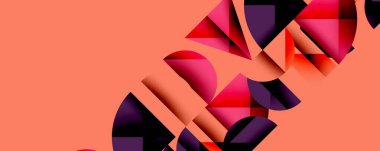 Katmanlı gradyan şekilli soyut geometrik arkaplan dinamik desenler oluşturuyor. Üst üste binen yarı daireler ve üçgenler derinlik ve karşıtlık yaratır