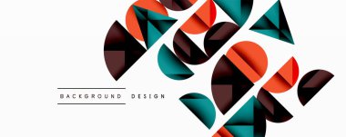 Katmanlı gradyan şekilli soyut geometrik arkaplan dinamik desenler oluşturuyor. Üst üste binen yarı daireler ve üçgenler derinlik ve karşıtlık yaratır