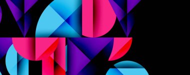 Katmanlı gradyan şekilli soyut geometrik arkaplan dinamik desenler oluşturuyor. Üst üste binen yarı daireler ve üçgenler derinlik ve karşıtlık yaratır