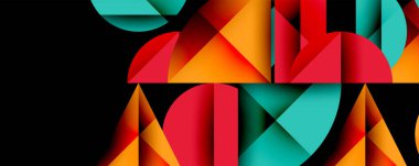 Katmanlı gradyan şekilli soyut geometrik arkaplan dinamik desenler oluşturuyor. Üst üste binen yarı daireler ve üçgenler derinlik ve karşıtlık yaratır