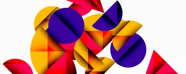 Katmanlı gradyan şekilli soyut geometrik arkaplan dinamik desenler oluşturuyor. Üst üste binen yarı daireler ve üçgenler derinlik ve karşıtlık yaratır