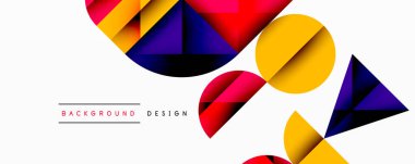 Katmanlı gradyan şekilli soyut geometrik arkaplan dinamik desenler oluşturuyor. Üst üste binen yarı daireler ve üçgenler derinlik ve karşıtlık yaratır