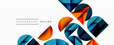 Katmanlı gradyan şekilli soyut geometrik arkaplan dinamik desenler oluşturuyor. Üst üste binen yarı daireler ve üçgenler derinlik ve karşıtlık yaratır