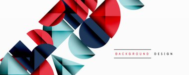 Katmanlı gradyan şekilli soyut geometrik arkaplan dinamik desenler oluşturuyor. Üst üste binen yarı daireler ve üçgenler derinlik ve karşıtlık yaratır