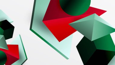 Soyut tasarım izometrik küpleri, piramitleri, kareleri ve küreleri canlı bir 3D düzende sergiliyor. Modern ve dinamik, teknoloji, tasarım veya gelecek temalar için mükemmel