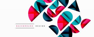 Katmanlı gradyan şekilli soyut geometrik arkaplan dinamik desenler oluşturuyor. Üst üste binen yarı daireler ve üçgenler derinlik ve karşıtlık yaratır