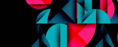 Katmanlı gradyan şekilli soyut geometrik arkaplan dinamik desenler oluşturuyor. Üst üste binen yarı daireler ve üçgenler derinlik ve karşıtlık yaratır