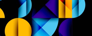 Çemberler ve üçgenlerin kesiştiği soyut geometrik desen. Yüksek kontrastlı kompozisyon derinlik yaratır ve dinamik, modern estetik