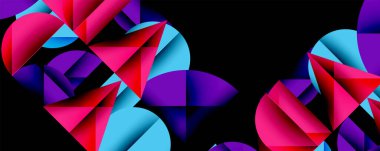 Katmanlı gradyan şekilli soyut geometrik arkaplan dinamik desenler oluşturuyor. Üst üste binen yarı daireler ve üçgenler derinlik ve karşıtlık yaratır