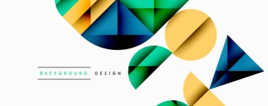 Katmanlı gradyan şekilli soyut geometrik arkaplan dinamik desenler oluşturuyor. Üst üste binen yarı daireler ve üçgenler derinlik ve karşıtlık yaratır