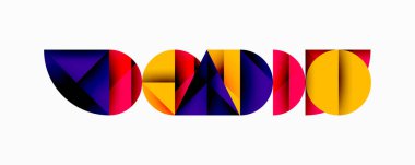 Katmanlı gradyan şekilli soyut geometrik arkaplan dinamik desenler oluşturuyor. Üst üste binen yarı daireler ve üçgenler derinlik ve karşıtlık yaratır