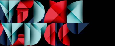 Katmanlı gradyan şekilli soyut geometrik arkaplan dinamik desenler oluşturuyor. Üst üste binen yarı daireler ve üçgenler derinlik ve karşıtlık yaratır