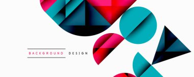 Katmanlı gradyan şekilli soyut geometrik arkaplan dinamik desenler oluşturuyor. Üst üste binen yarı daireler ve üçgenler derinlik ve karşıtlık yaratır