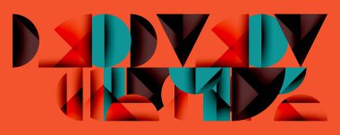 Katmanlı gradyan şekilli soyut geometrik arkaplan dinamik desenler oluşturuyor. Üst üste binen yarı daireler ve üçgenler derinlik ve karşıtlık yaratır