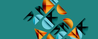 Katmanlı gradyan şekilli soyut geometrik arkaplan dinamik desenler oluşturuyor. Üst üste binen yarı daireler ve üçgenler derinlik ve karşıtlık yaratır