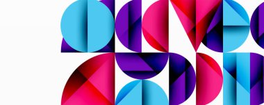 Katmanlı gradyan şekilli soyut geometrik arkaplan dinamik desenler oluşturuyor. Üst üste binen yarı daireler ve üçgenler derinlik ve karşıtlık yaratır