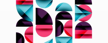 Çemberler ve üçgenlerin kesiştiği soyut geometrik desen. Yüksek kontrastlı kompozisyon derinlik yaratır ve dinamik, modern estetik