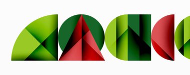 Katmanlı gradyan şekilli soyut geometrik arkaplan dinamik desenler oluşturuyor. Üst üste binen yarı daireler ve üçgenler derinlik ve karşıtlık yaratır