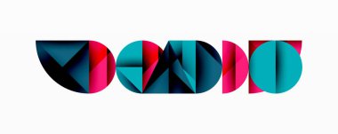 Katmanlı gradyan şekilli soyut geometrik arkaplan dinamik desenler oluşturuyor. Üst üste binen yarı daireler ve üçgenler derinlik ve karşıtlık yaratır