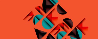 Katmanlı gradyan şekilli soyut geometrik arkaplan dinamik desenler oluşturuyor. Üst üste binen yarı daireler ve üçgenler derinlik ve karşıtlık yaratır