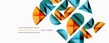 Katmanlı gradyan şekilli soyut geometrik arkaplan dinamik desenler oluşturuyor. Üst üste binen yarı daireler ve üçgenler derinlik ve karşıtlık yaratır