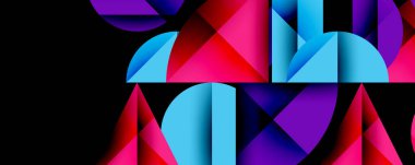 Katmanlı gradyan şekilli soyut geometrik arkaplan dinamik desenler oluşturuyor. Üst üste binen yarı daireler ve üçgenler derinlik ve karşıtlık yaratır