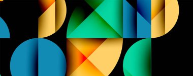 Katmanlı gradyan şekilli soyut geometrik arkaplan dinamik desenler oluşturuyor. Üst üste binen yarı daireler ve üçgenler derinlik ve karşıtlık yaratır