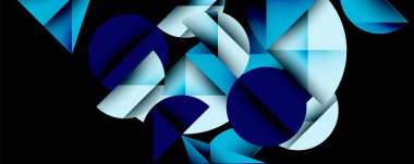 Katmanlı gradyan şekilli soyut geometrik arkaplan dinamik desenler oluşturuyor. Üst üste binen yarı daireler ve üçgenler derinlik ve karşıtlık yaratır