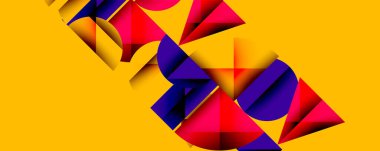 Katmanlı gradyan şekilli soyut geometrik arkaplan dinamik desenler oluşturuyor. Üst üste binen yarı daireler ve üçgenler derinlik ve karşıtlık yaratır