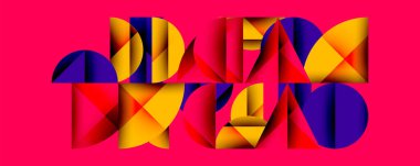 Katmanlı gradyan şekilli soyut geometrik arkaplan dinamik desenler oluşturuyor. Üst üste binen yarı daireler ve üçgenler derinlik ve karşıtlık yaratır