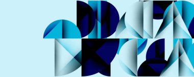 Katmanlı gradyan şekilli soyut geometrik arkaplan dinamik desenler oluşturuyor. Üst üste binen yarı daireler ve üçgenler derinlik ve karşıtlık yaratır